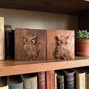 Mid-Century Rustic Carved Owls with Googly Eyes | Vintage Wooden Owl Bookends